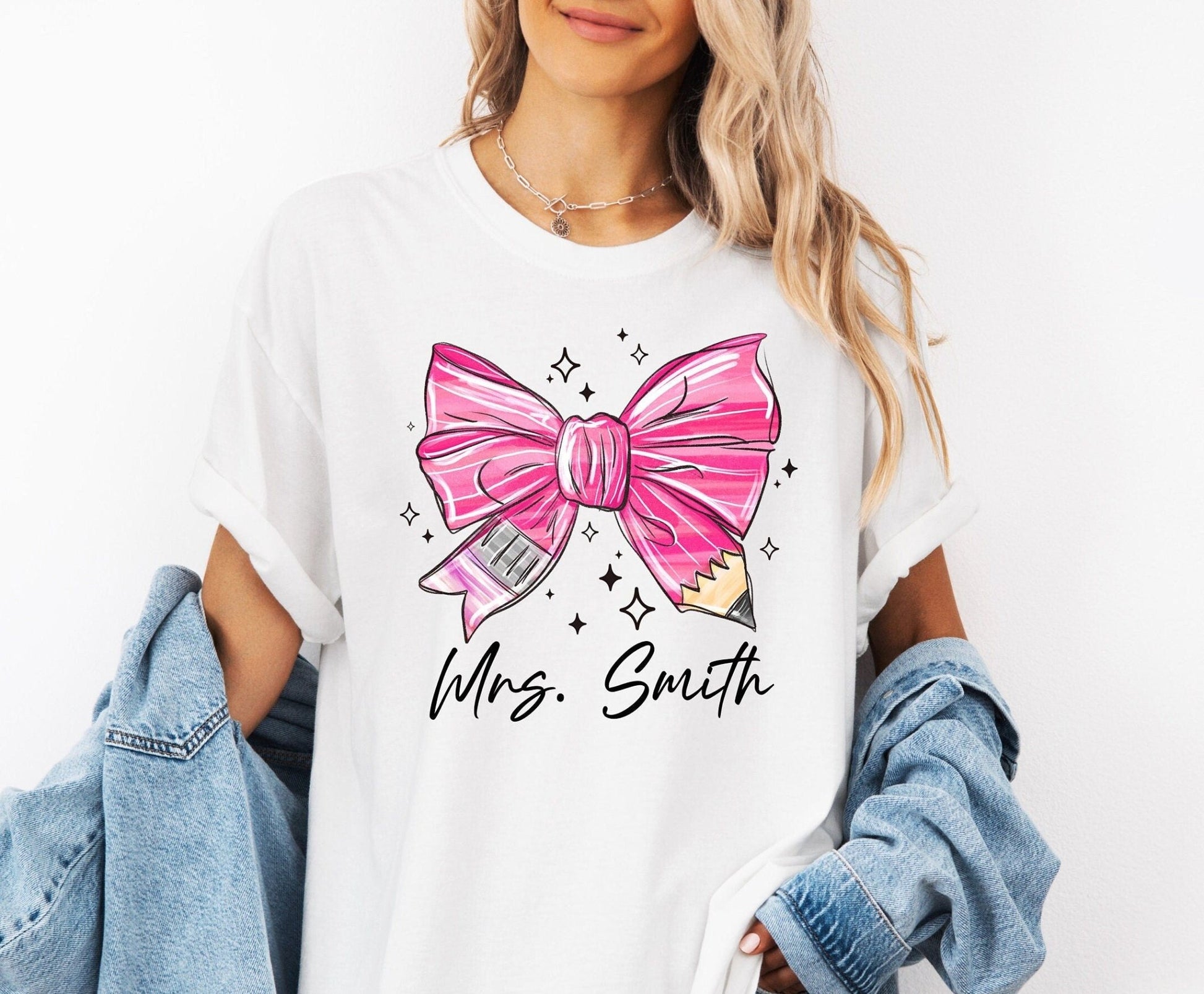 Personalized Custom Coquette Teacher Shirt, Pencil Bow Back To School - Squishy Cheeks