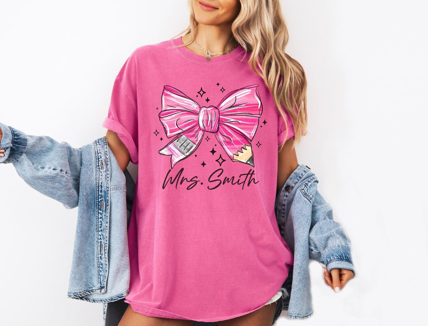 Personalized Custom Coquette Teacher Shirt, Pencil Bow Back To School - Squishy Cheeks