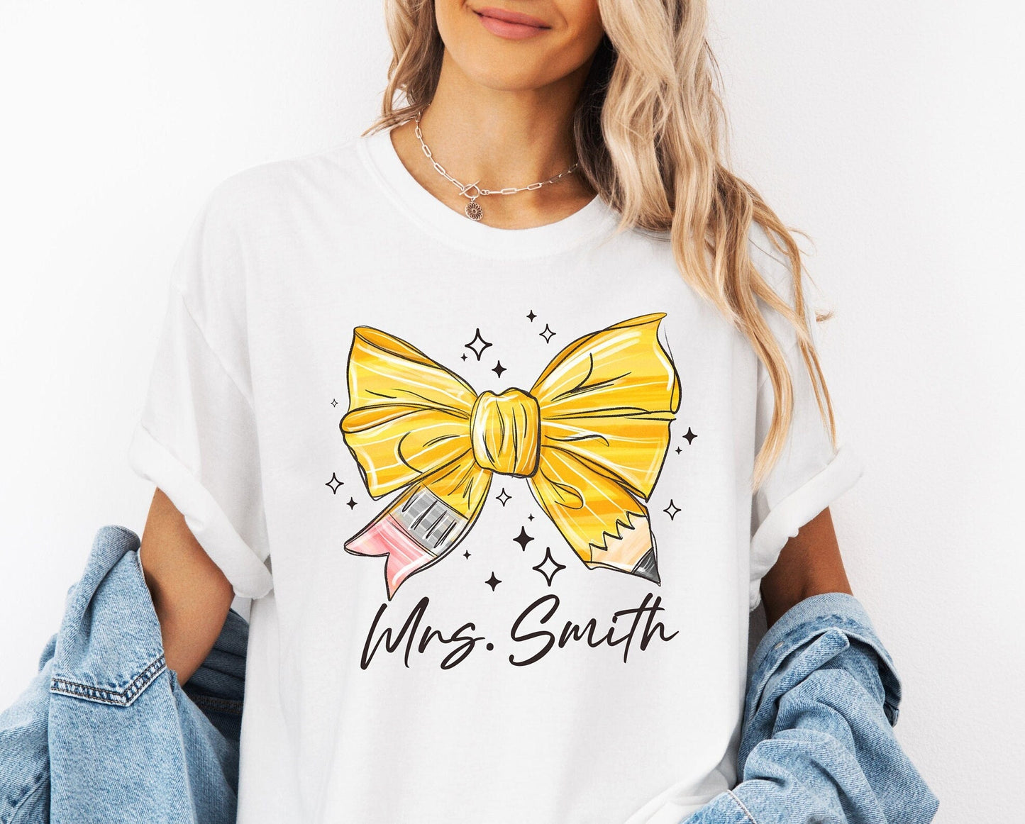 Personalized Custom Coquette Teacher Shirt, Pencil Bow Back To School - Squishy Cheeks