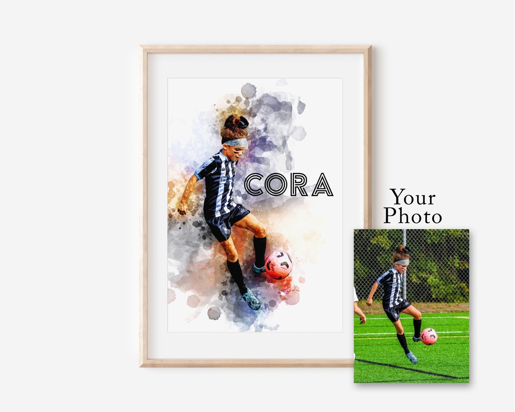 Personalized Gift for Soccer Player Custom Watercolor Soccer Art Photo Digital Download - Squishy Cheeks