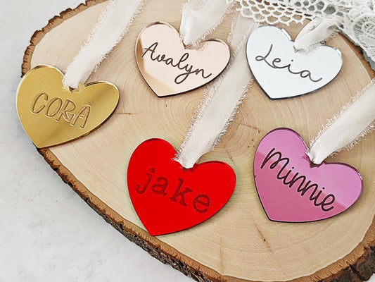 Personalized Heart Name Tag, Valentines Day Ornament, Mirror Heart Gift Bag Tag - Squishy Cheeks