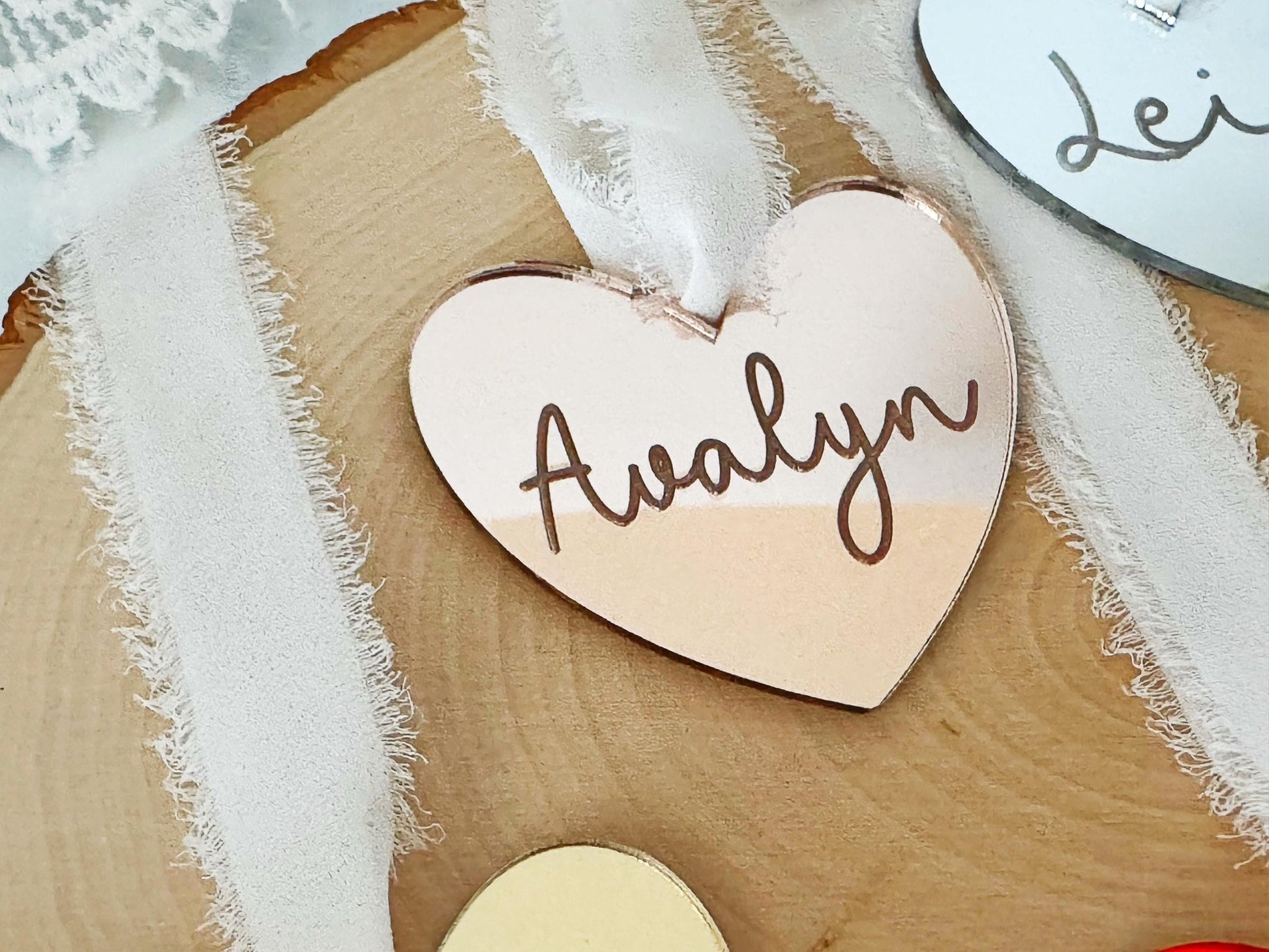 Personalized Heart Name Tag, Valentines Day Ornament, Mirror Heart Gift Bag Tag - Squishy Cheeks
