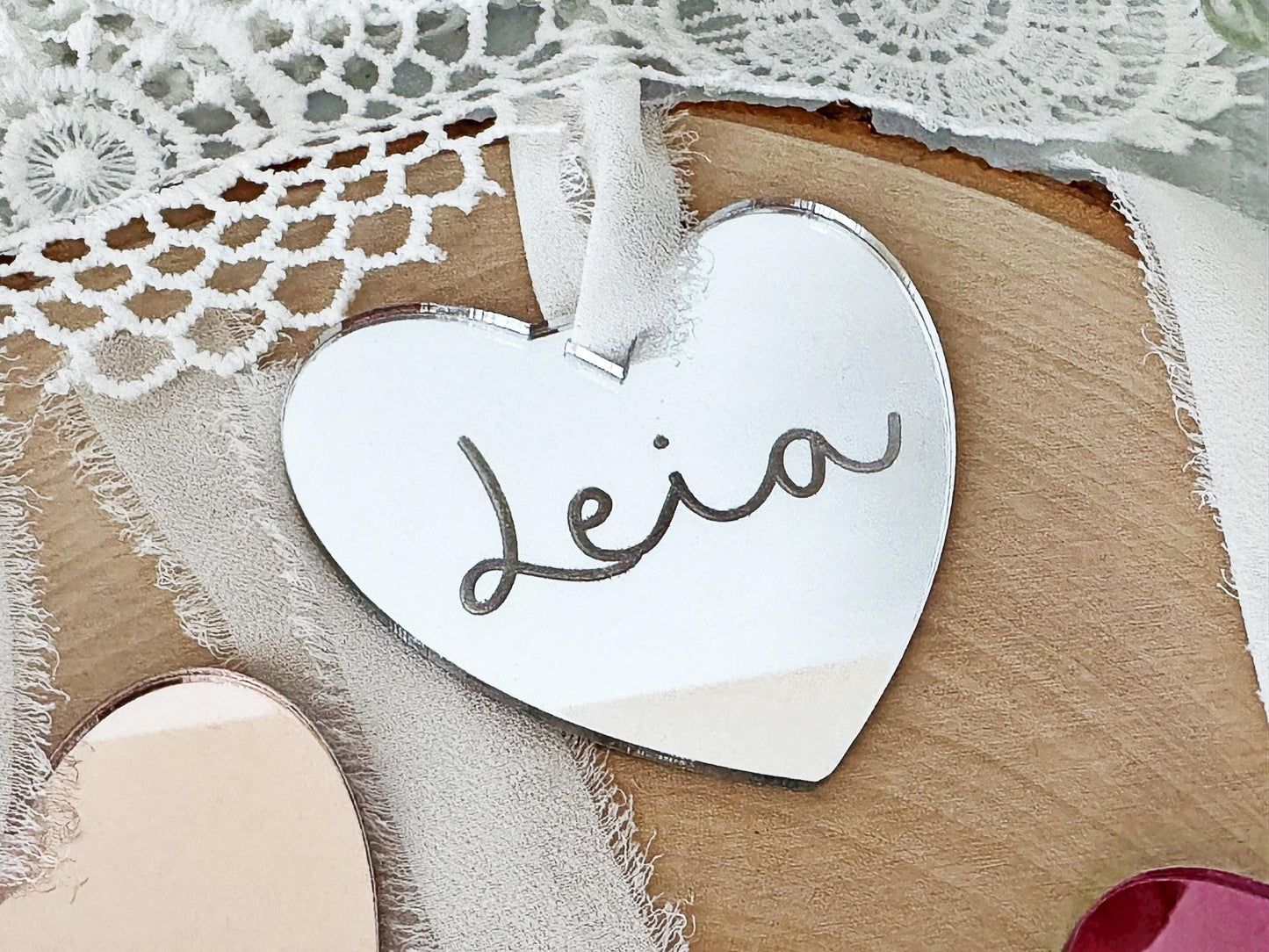 Personalized Heart Name Tag, Valentines Day Ornament, Mirror Heart Gift Bag Tag - Squishy Cheeks