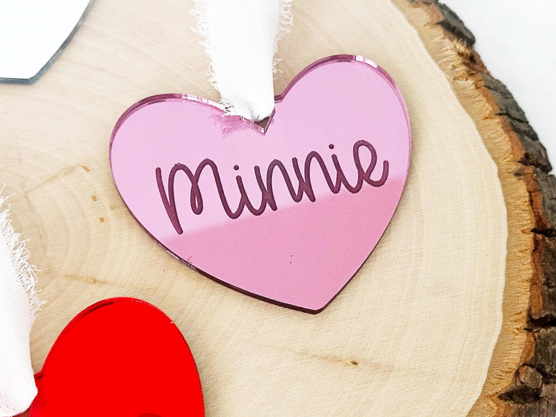 Personalized Heart Name Tag, Valentines Day Ornament, Mirror Heart Gift Bag Tag - Squishy Cheeks