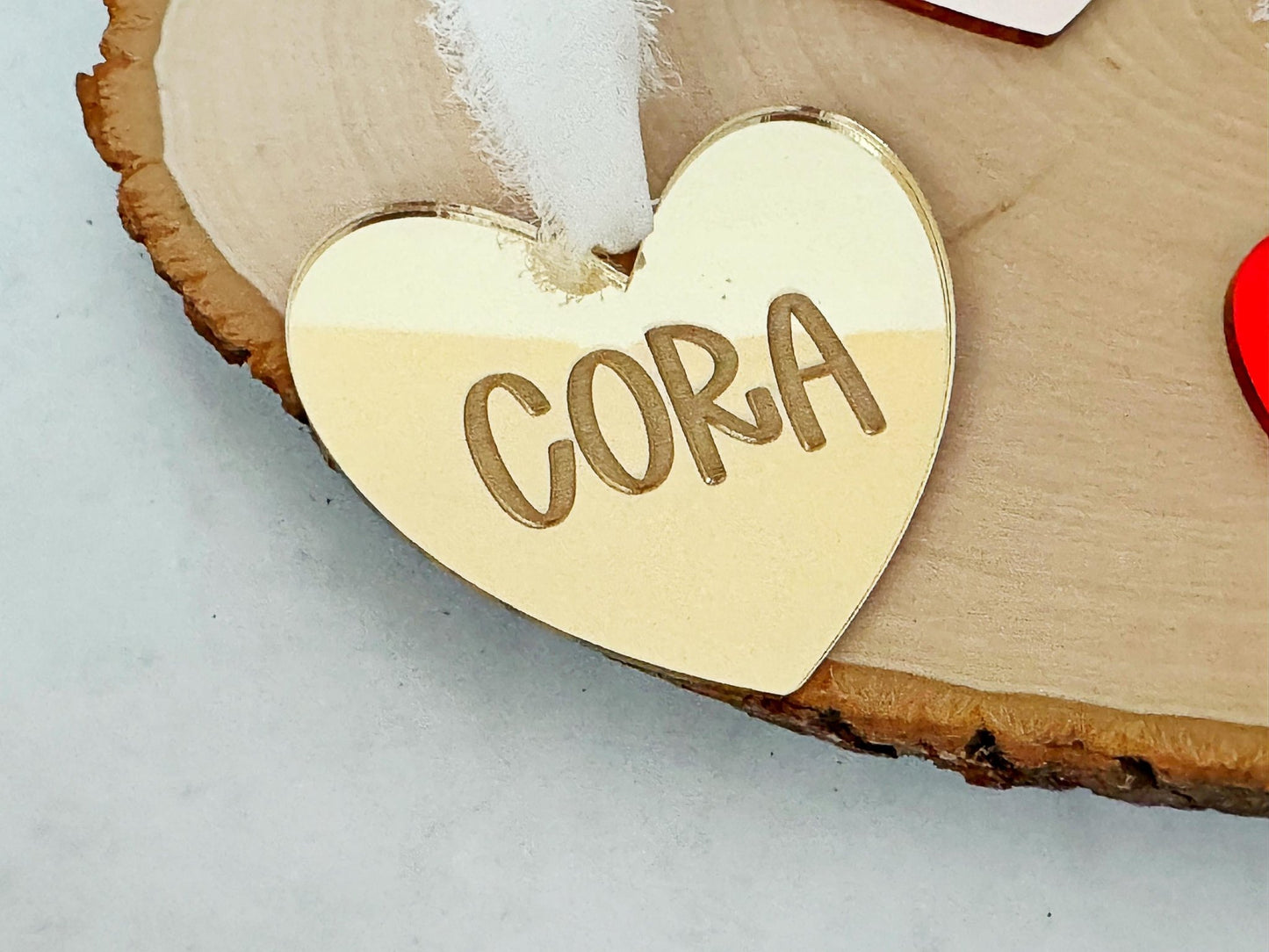 Personalized Heart Name Tag, Valentines Day Ornament, Mirror Heart Gift Bag Tag - Squishy Cheeks