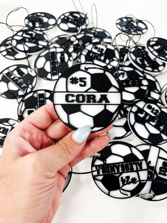 Personalized Soccer Bag Tag, Soccer Ornament with Name and Number, Soccer Gift - Squishy Cheeks