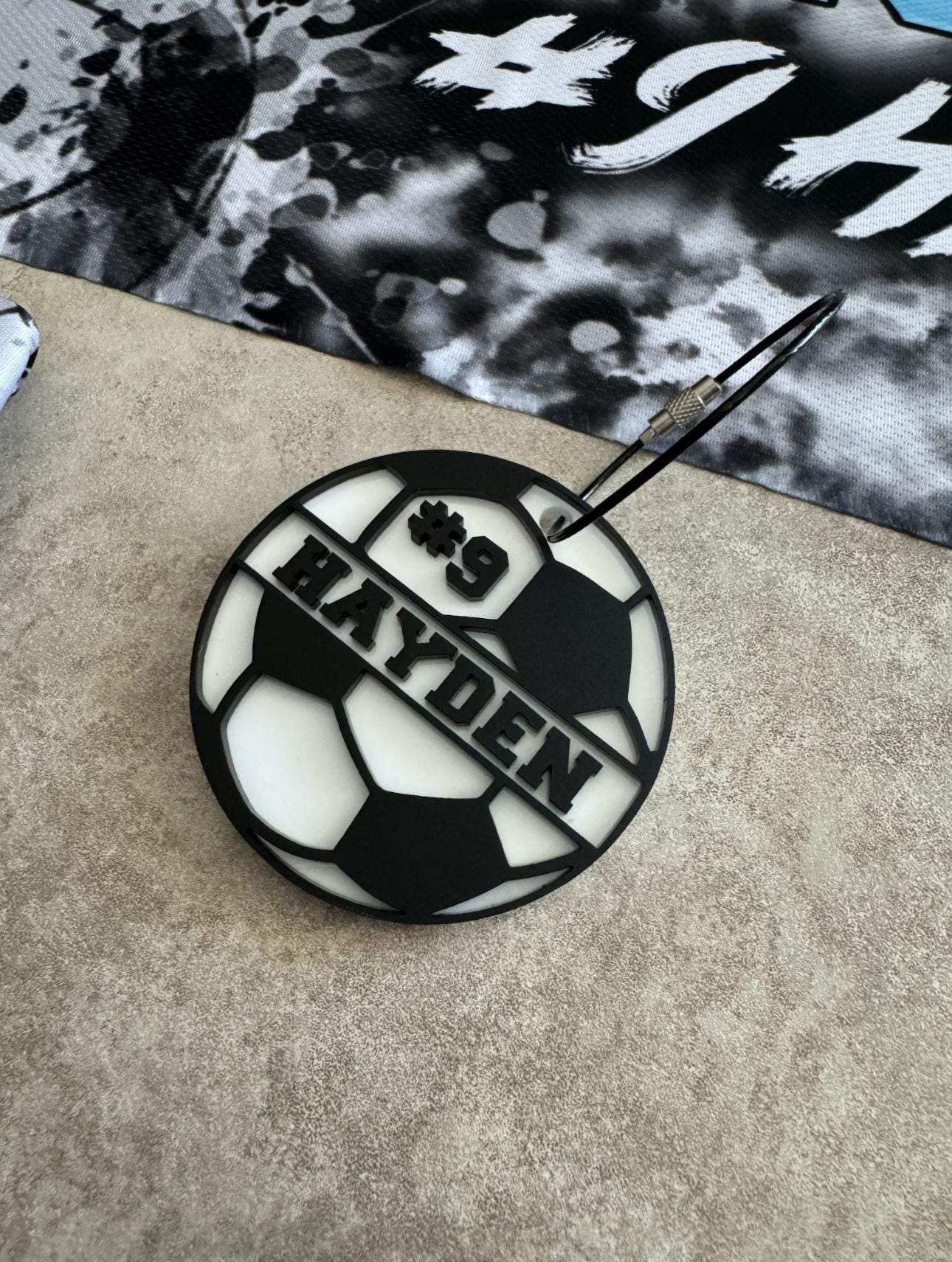 Personalized Soccer Bag Tag, Soccer Ornament with Name and Number, Soccer Gift - Squishy Cheeks