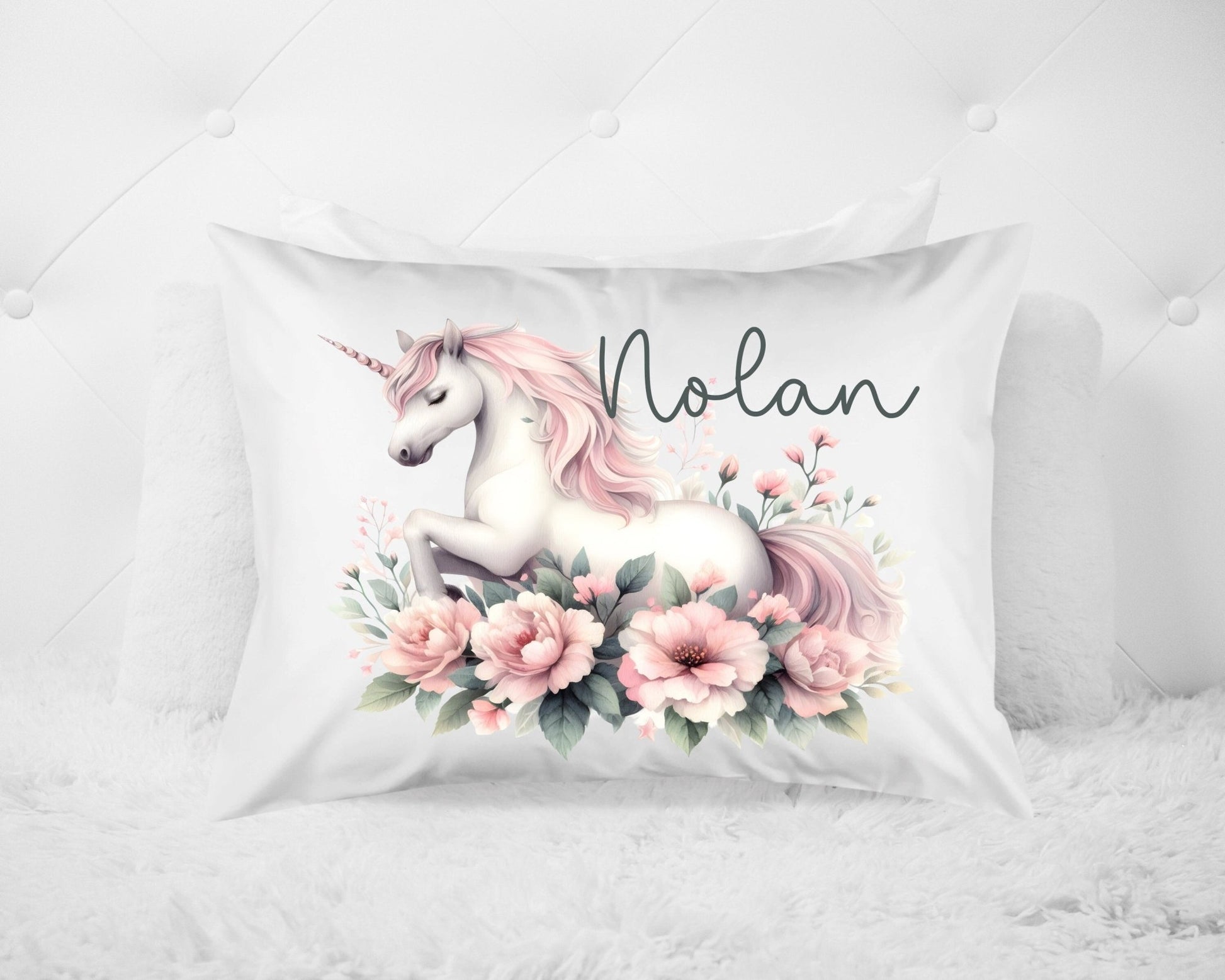 Personalized Unicorn Pillow, Unicorn Theme Bedroom, Custom Name Pillowcase, Unicorn Bedroom Decor, Toddle or Standard sizing - Squishy Cheeks