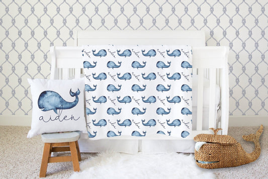 Personalized Whale Nautical Pillow Whale Nursery Baby Boy Blanket Pillow Set Baby Swaddle Nautical Baby Shower Gift Name Receiving Blanket - Squishy Cheeks