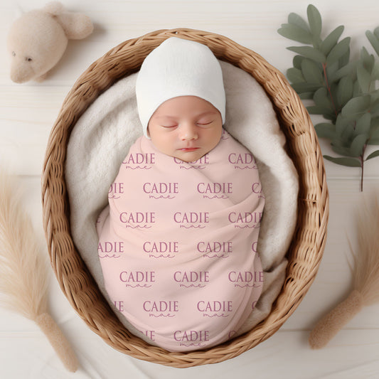 Pink Custom Name Blanket with Name Sign, Baby Girl Personalized Name Swaddle, - Squishy Cheeks