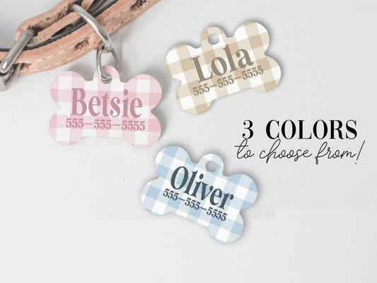 Plaid Gingham Dog Tags Custom with Name and Phone Number Dog ID Tag Pet Collar Tag - Squishy Cheeks