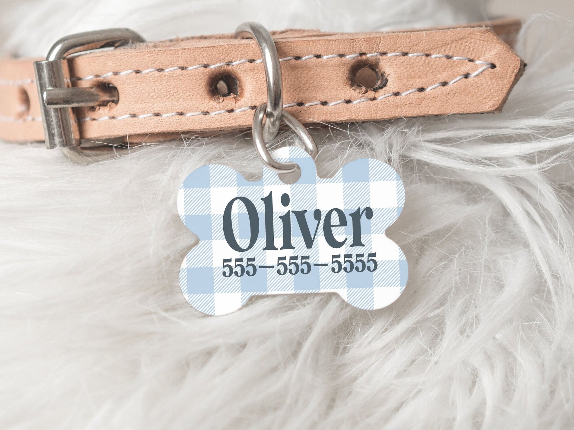 Plaid Gingham Dog Tags Custom with Name and Phone Number Dog ID Tag Pet Collar Tag - Squishy Cheeks