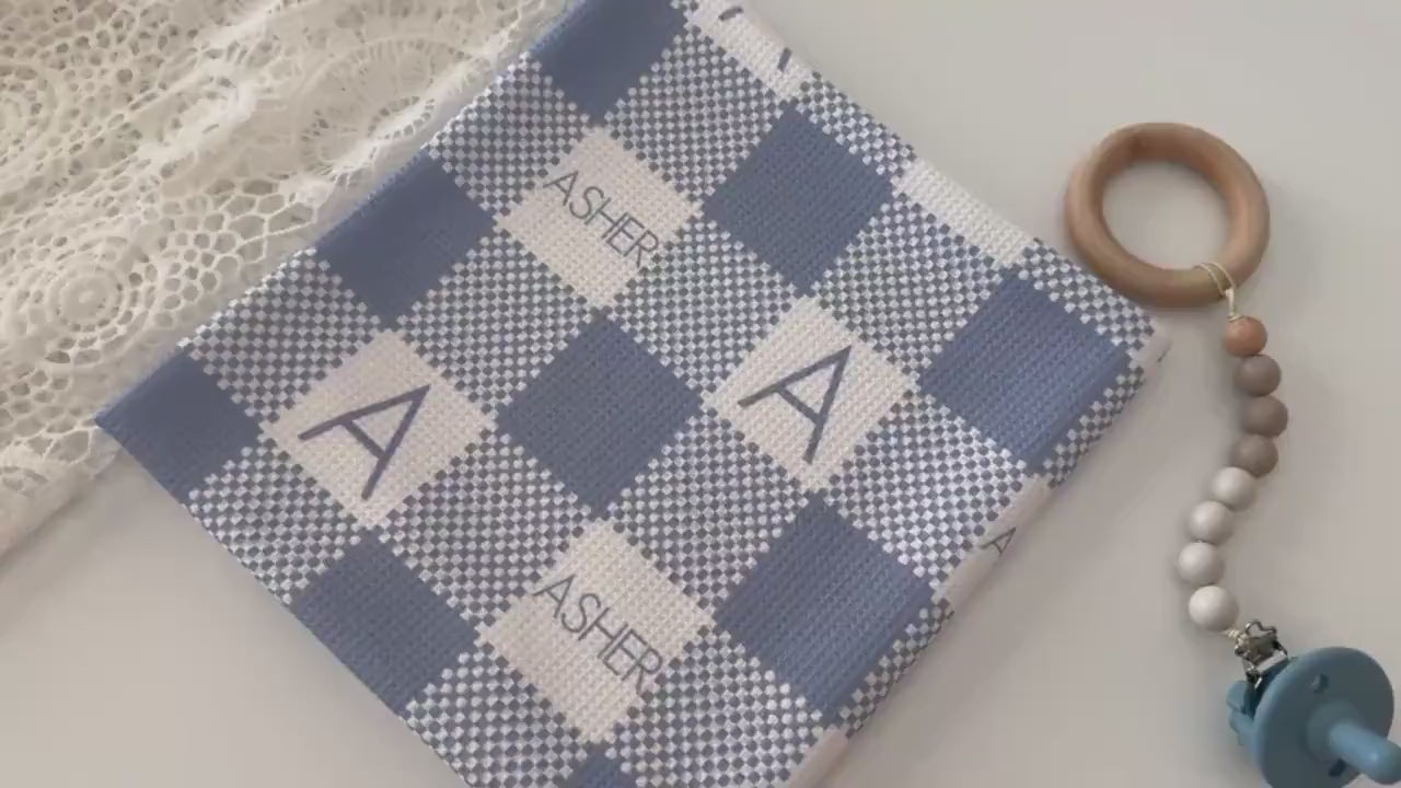 Waffle Baby Blanket Blue Personalized Checkered Plaid Monogramed Baby Swaddle Baby Boy Blanket