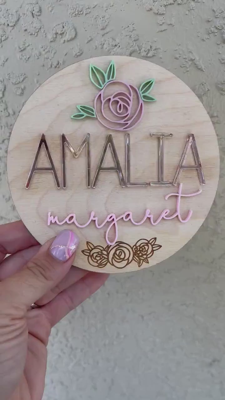 Rose Baby Girl Name Sign Floral Wood Name Sign 3D Name Announcement Sign Floral Nursery Newborn Photo Prop Hospital Plaque Sizes: 5.5 & 11.5