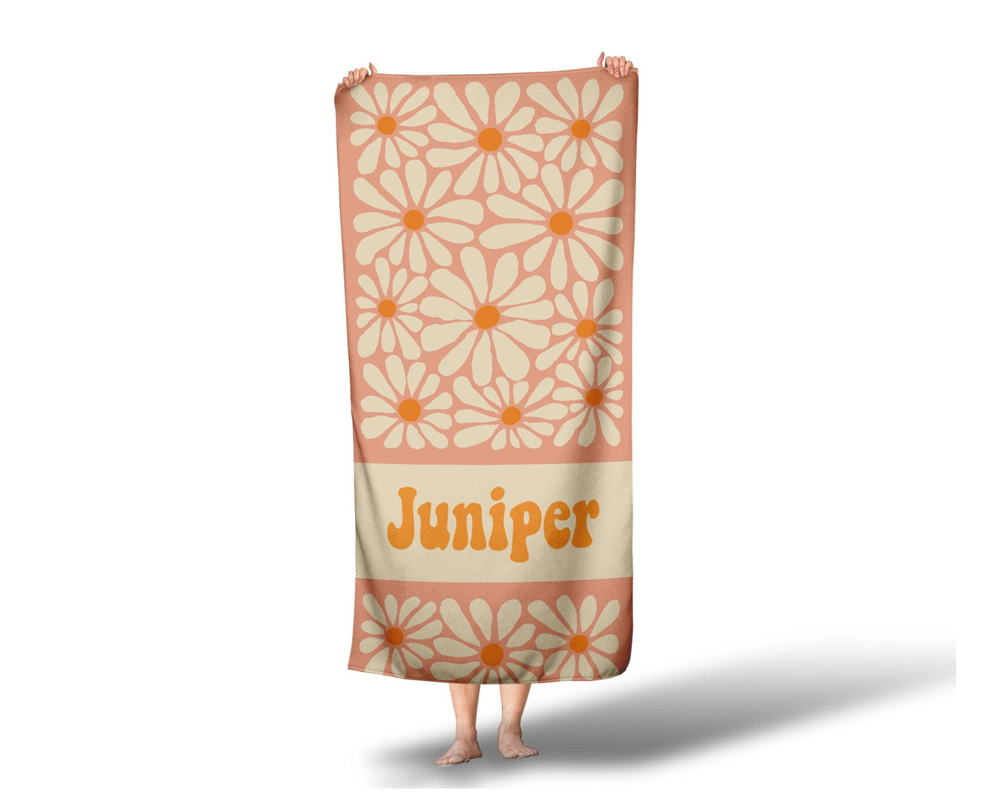 Retro Flower Personalized Beach Towel, Groovy Hippie Sibling Matching Custom Beach Towel Kids Pool Towel With Name - Squishy Cheeks