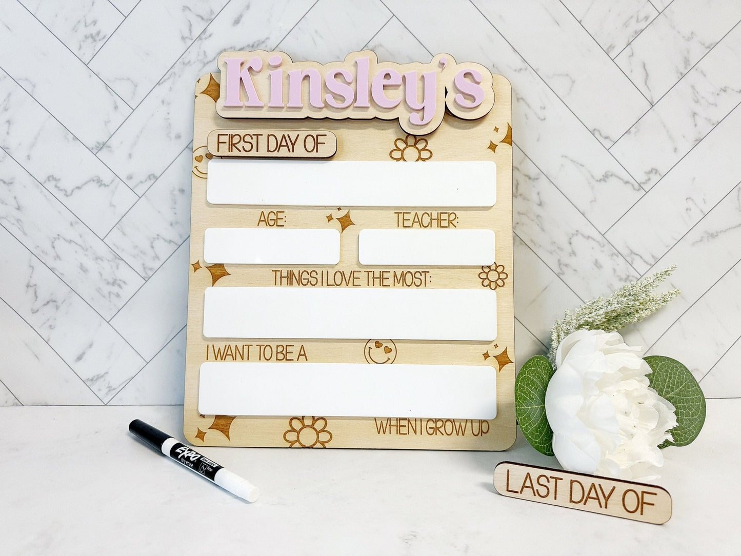 Retro Girls Changeable Back to School Sign Last Day of School Sign, Personalized Dry Erase School Sign - Squishy Cheeks