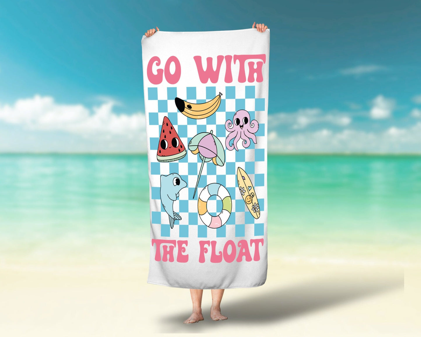 Retro Go With The Float Personalized Beach Towel, Retro Trendy Beach Towel, Children's Pool Towel Bathing Towel - Squishy Cheeks