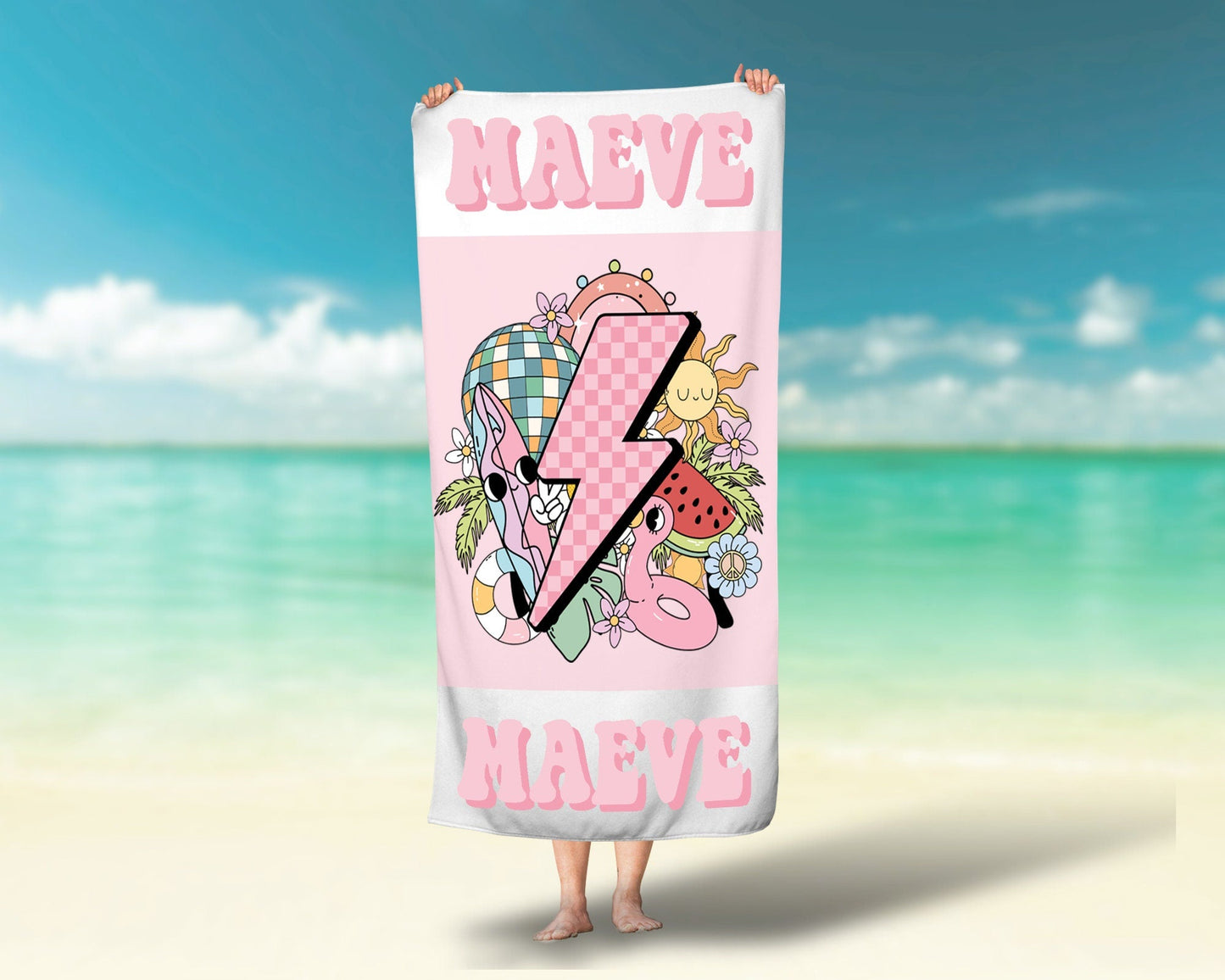 Retro Pool Float Personalized Beach Towel, Retro Custom Beach Towel, Custom Children's Pool Towel Bathing Towel with name - Squishy Cheeks