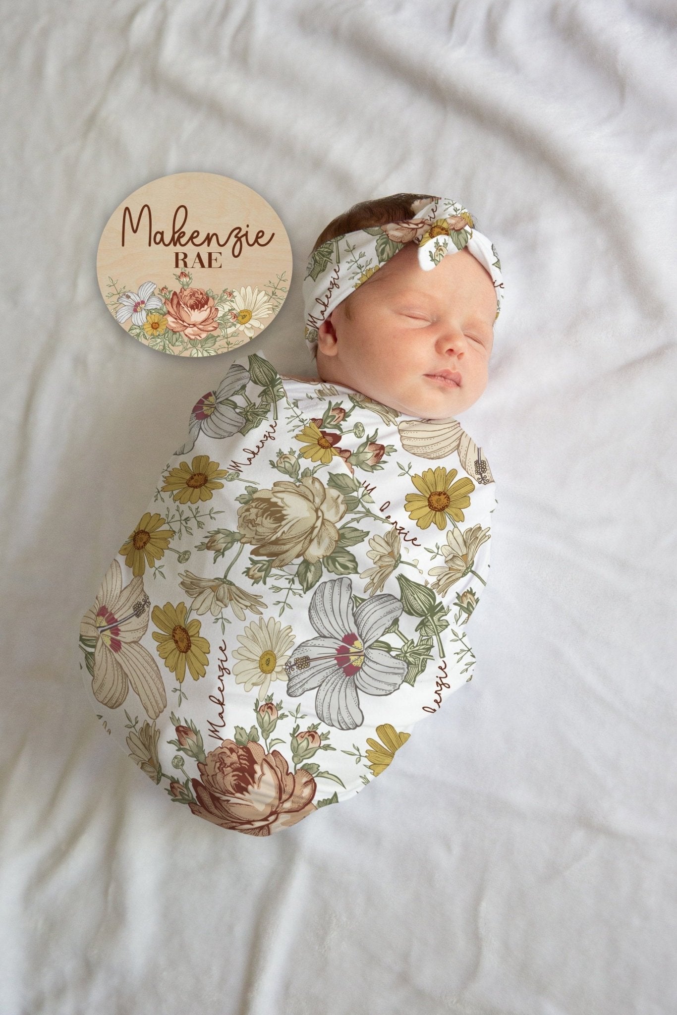 Vintage Floral Baby Girl Blanket Gift Set, Personalized Floral Baby Shower Gift Set Gown Blanket Hat Headband Sign Pillow Burp Cloth Sandals - Squishy Cheeks