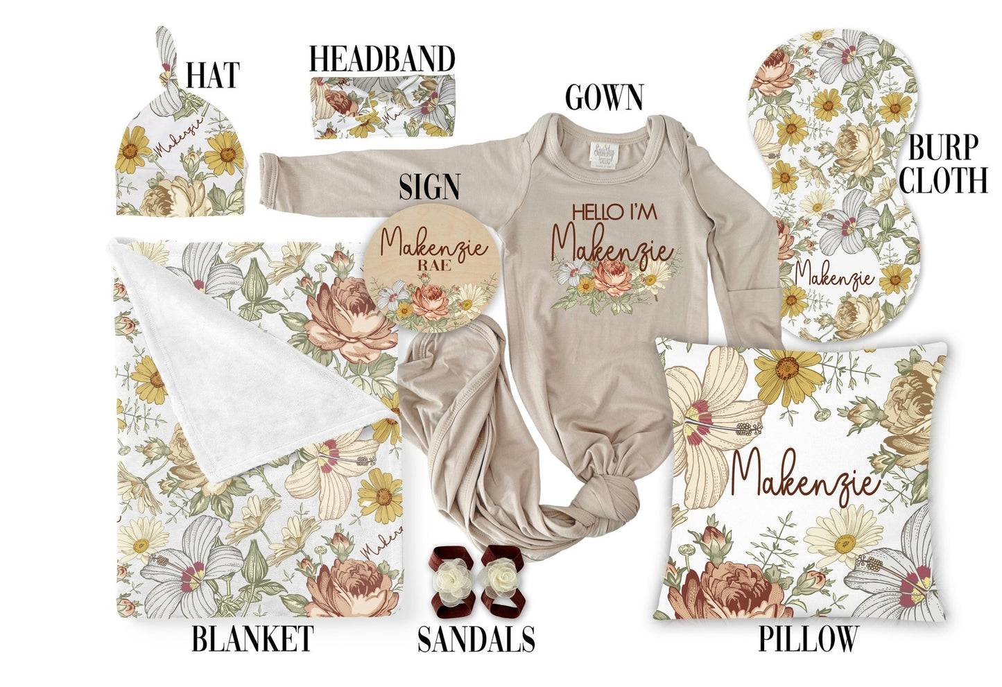 Vintage Floral Baby Girl Blanket Gift Set, Personalized Floral Baby Shower Gift Set Gown Blanket Hat Headband Sign Pillow Burp Cloth Sandals - Squishy Cheeks
