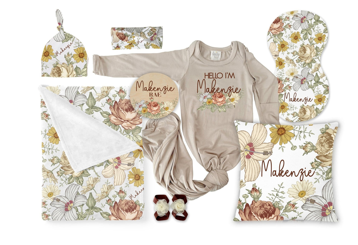 Vintage Floral Baby Girl Blanket Gift Set, Personalized Floral Baby Shower Gift Set Gown Blanket Hat Headband Sign Pillow Burp Cloth Sandals - Squishy Cheeks