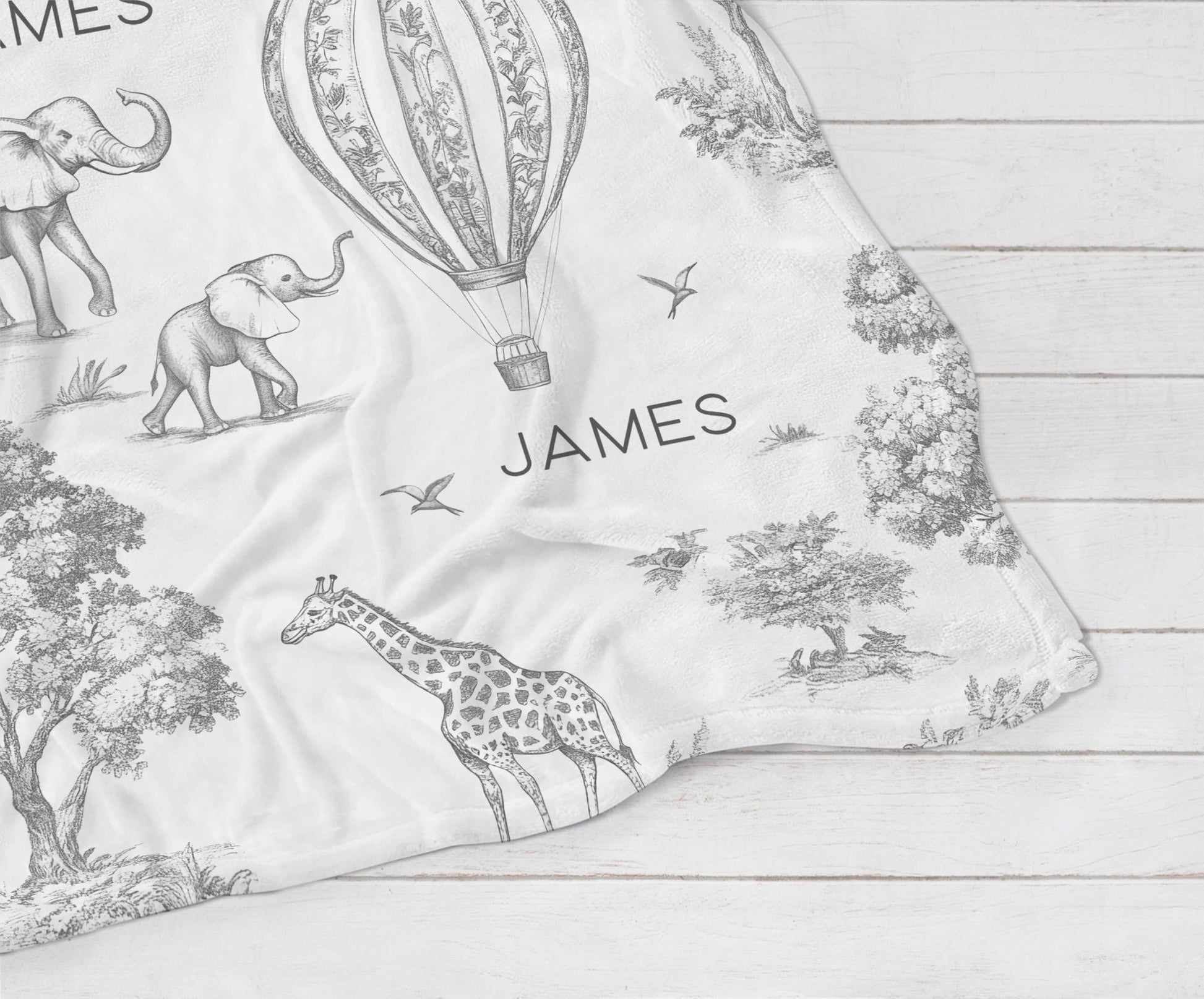 Vintage Safari Personalized Baby Blanket, Custom Unisex Nursery Swaddle, Chinoiserie Toile - Squishy Cheeks