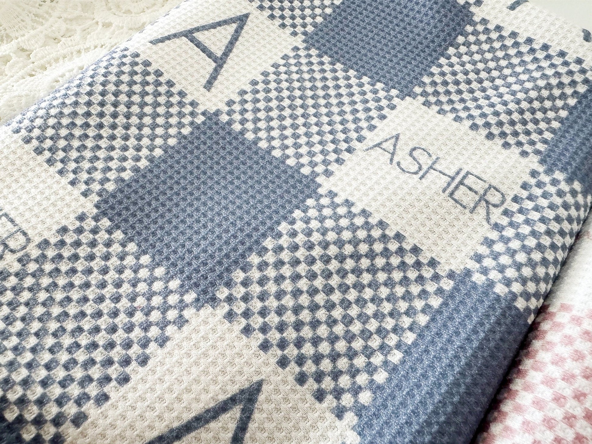 Waffle Baby Blanket Blue Personalized Checkered Plaid Monogramed Baby Swaddle Baby Boy Blanket - Squishy Cheeks