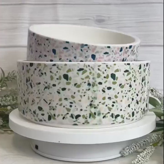 Boho Chic Terrazzo Personalized Pet Bowls for Dogs and Cats Eclectic Modern Spotted Dishes With Name
