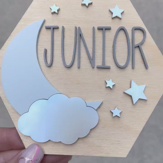 Moon Name Sign Baby 3D Name Announcement Sign Moon and Stars Newborn Photo Prop Hospital Plaque Sizes: 5.5 & 11.5 OTHER COLORS