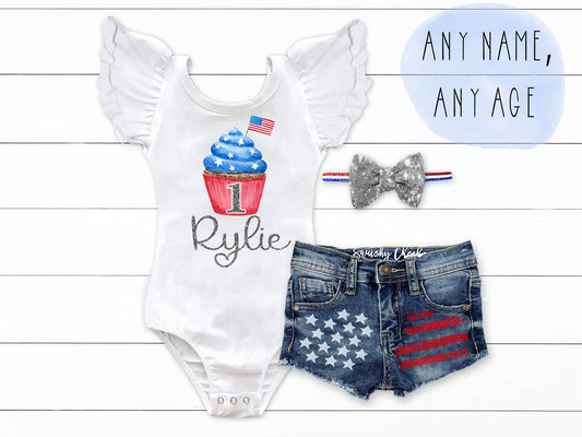 4th of July Birthday Outfit Patriotic 1st Birthday Outfit Red White Blue Baby Girl July 4th Outfit Patriotic Distressed Denim - Squishy Cheeks