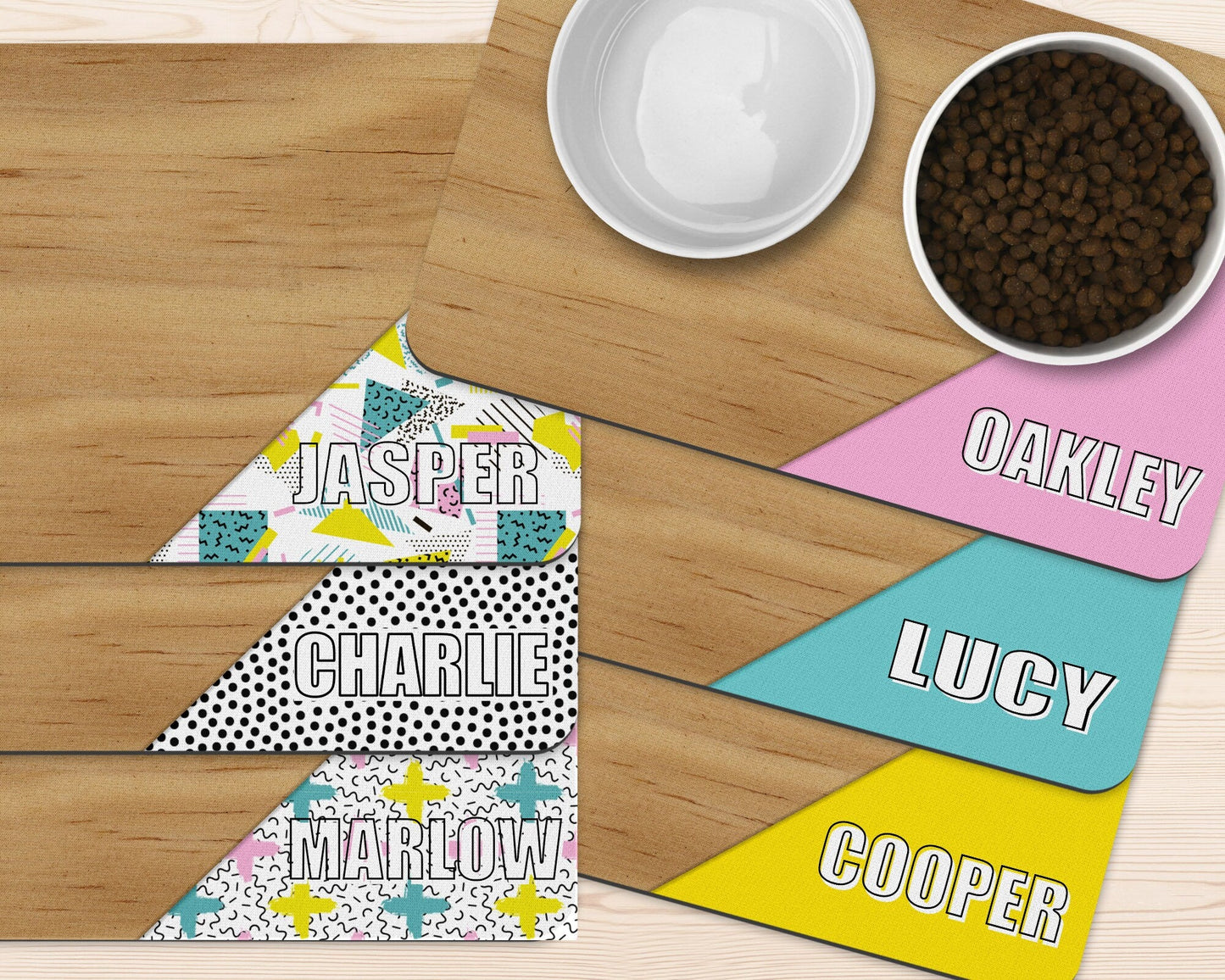 90s Personalized Dog Mat Retro Custom Pet Placemat Cat Food Mat with Name Gift for Pet 10x16 Rubber Non-Slip Mat Faux Wood - Squishy Cheeks