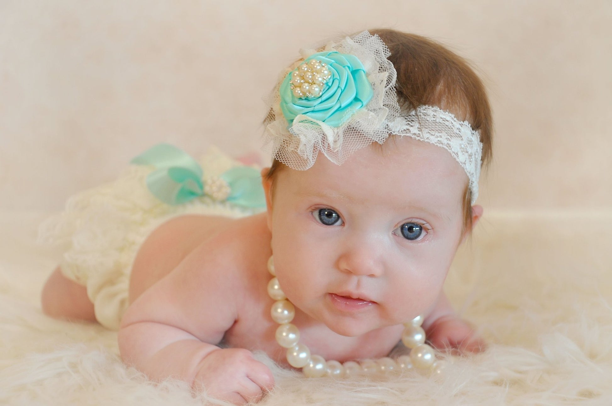 Aqua Vintage Lace Baby Bloomers and Headband - Squishy Cheeks