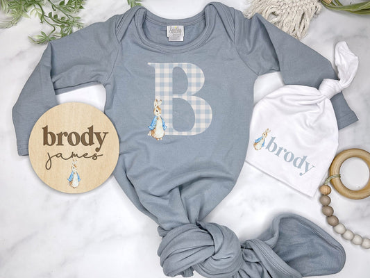 Baby Boy Easter Monogram Personalized Bamboo Newborn Knotted Gown Coming Home Outfit - Squishy Cheeks