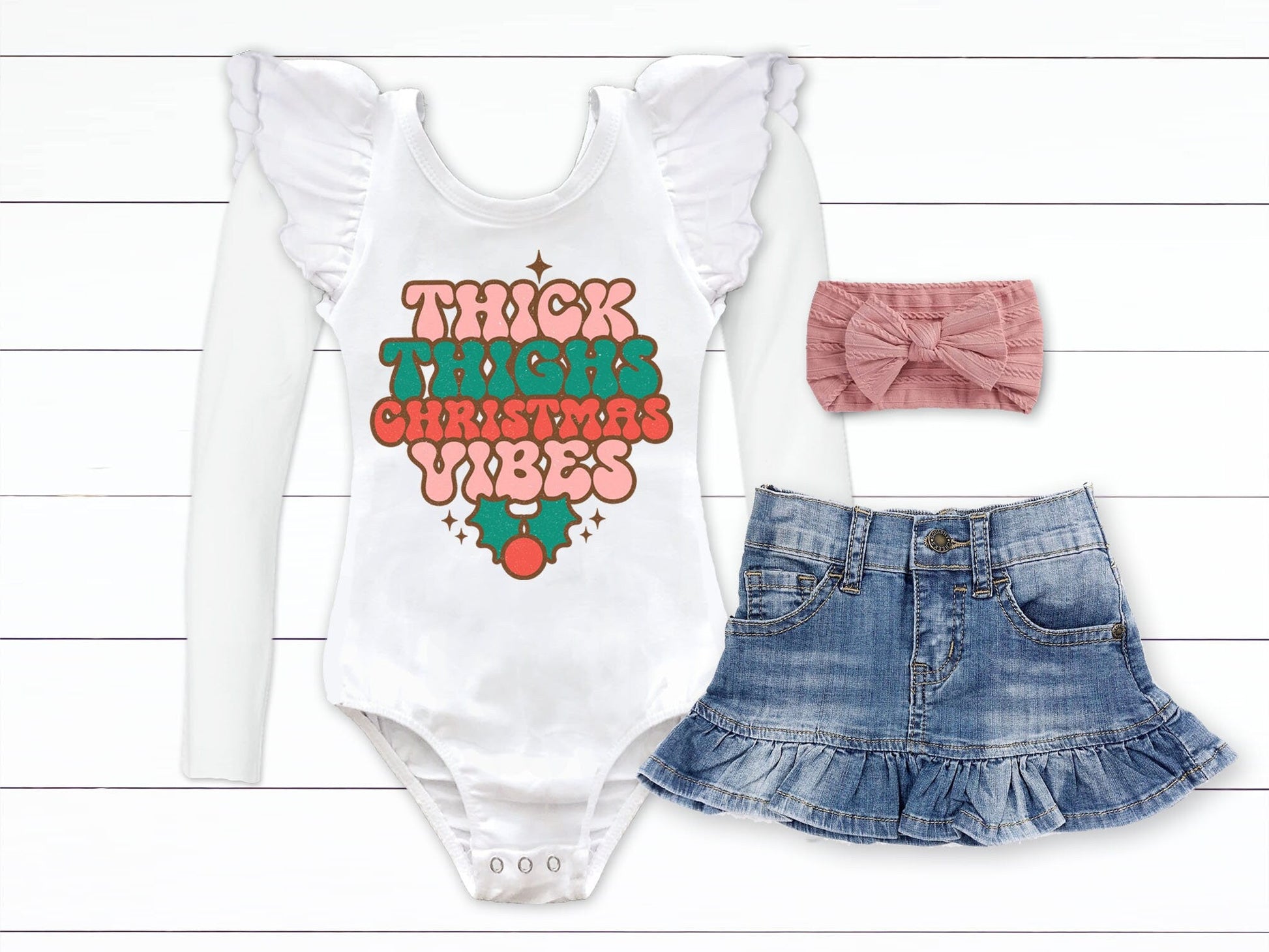 Baby Girl Christmas Outfit Holiday Bubble Romper Sweatshirt Thick Thighs 1st Christmas Romper Toddler Thick Thighs Christmas Vibes - Squishy Cheeks