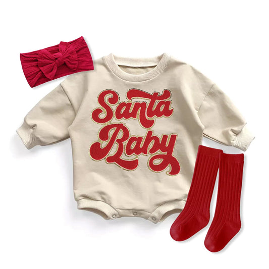 Baby Girl Christmas Romper Santa Baby Chenille Bubble Romper Christmas Outfit Sweatsuit 1st Christmas Bodysuit - Squishy Cheeks