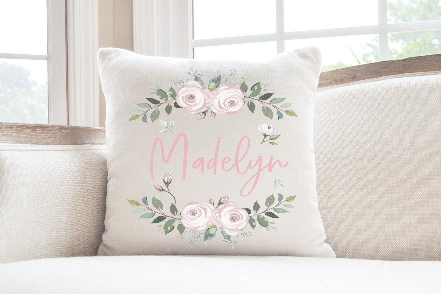 Baby Girl Custom Name Pillow Pink Floral Monogrammed Nursery Pillow Decor Gift for Girl Plush Throw Pillow 16x16 - Squishy Cheeks