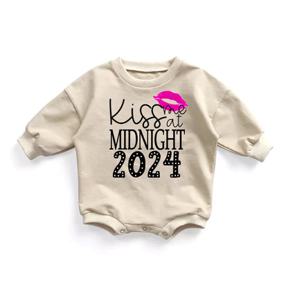 Baby Girl Kiss me at Midnight New Years Eve 2024 Bubble Romper NYE Bodysuit Outfit Sweatsuit 1st New Years - Squishy Cheeks
