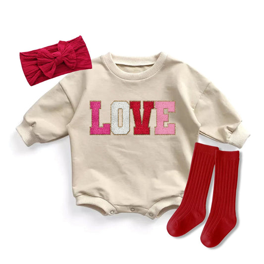 Baby Girl Valentine Day Outfit LOVE Bubble Romper Chenille Letters - Squishy Cheeks