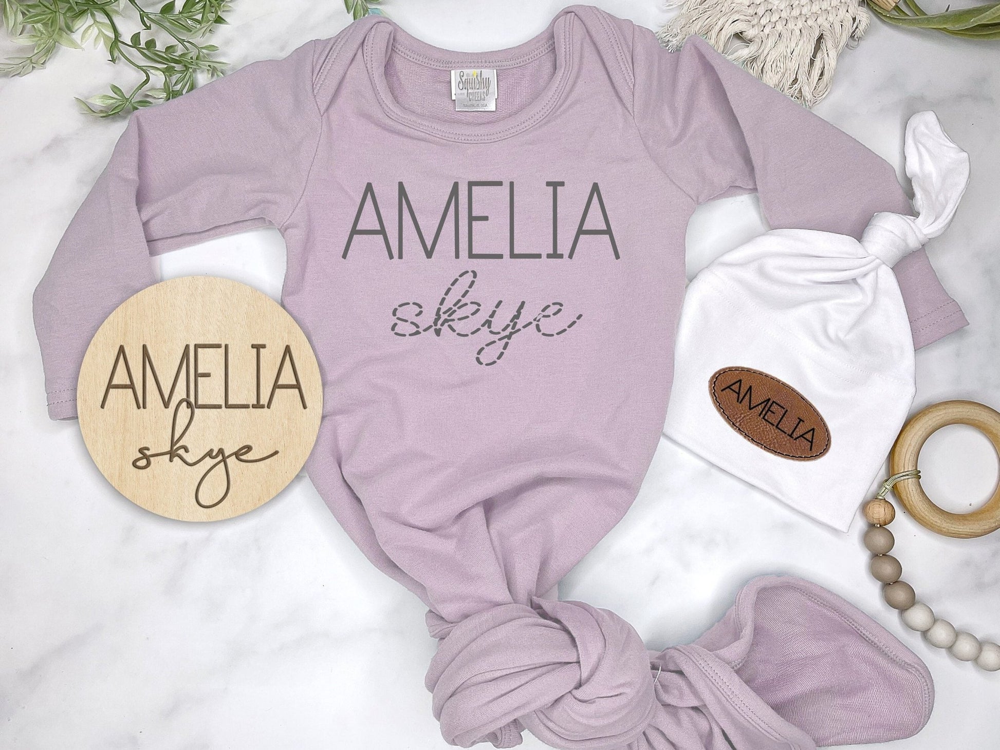 Bamboo Newborn Baby Girl Outfit, Baby Girl Personalized Knotted Gown, Newborn Outfit, Monogramed, Name Sign, Knotted Hat, Coming Home Outfit - Squishy Cheeks