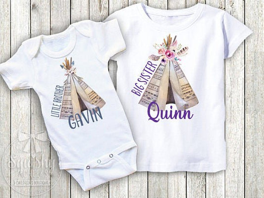Big Sister Little Brother Boho Teepee Sibling Shirt Pack - Squishy Cheeks