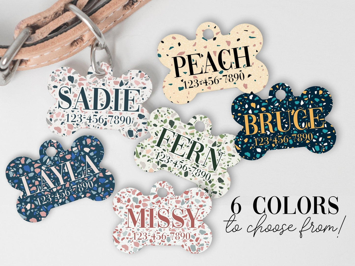 Boho Chic Terrazzo Dog Tags Custom with Name and Phone Number Dog ID Tag Pet Collar Tag - Squishy Cheeks