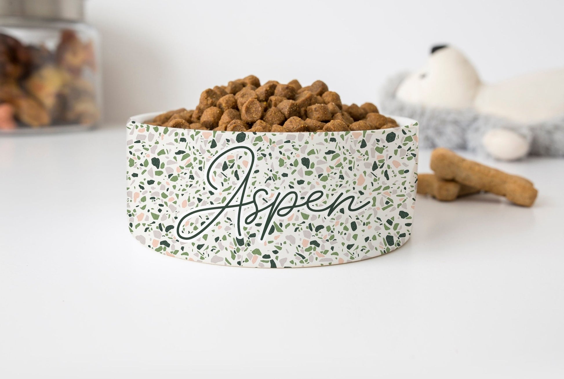 Boho Chic Terrazzo Personalized Pet Bowls for Dogs and Cats Eclectic Modern Spotted Dishes With Name - Squishy Cheeks