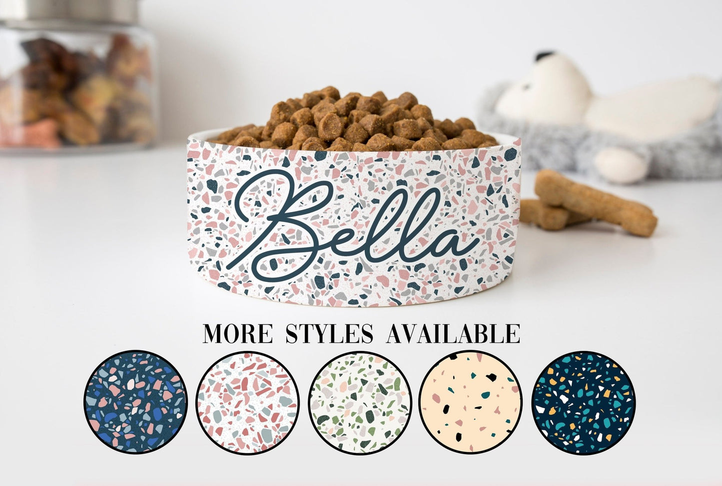 Boho Chic Terrazzo Personalized Pet Bowls for Dogs and Cats Eclectic Modern Spotted Dishes With Name - Squishy Cheeks