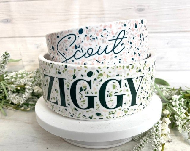 Boho Chic Terrazzo Personalized Pet Bowls for Dogs and Cats Eclectic Modern Spotted Dishes With Name - Squishy Cheeks