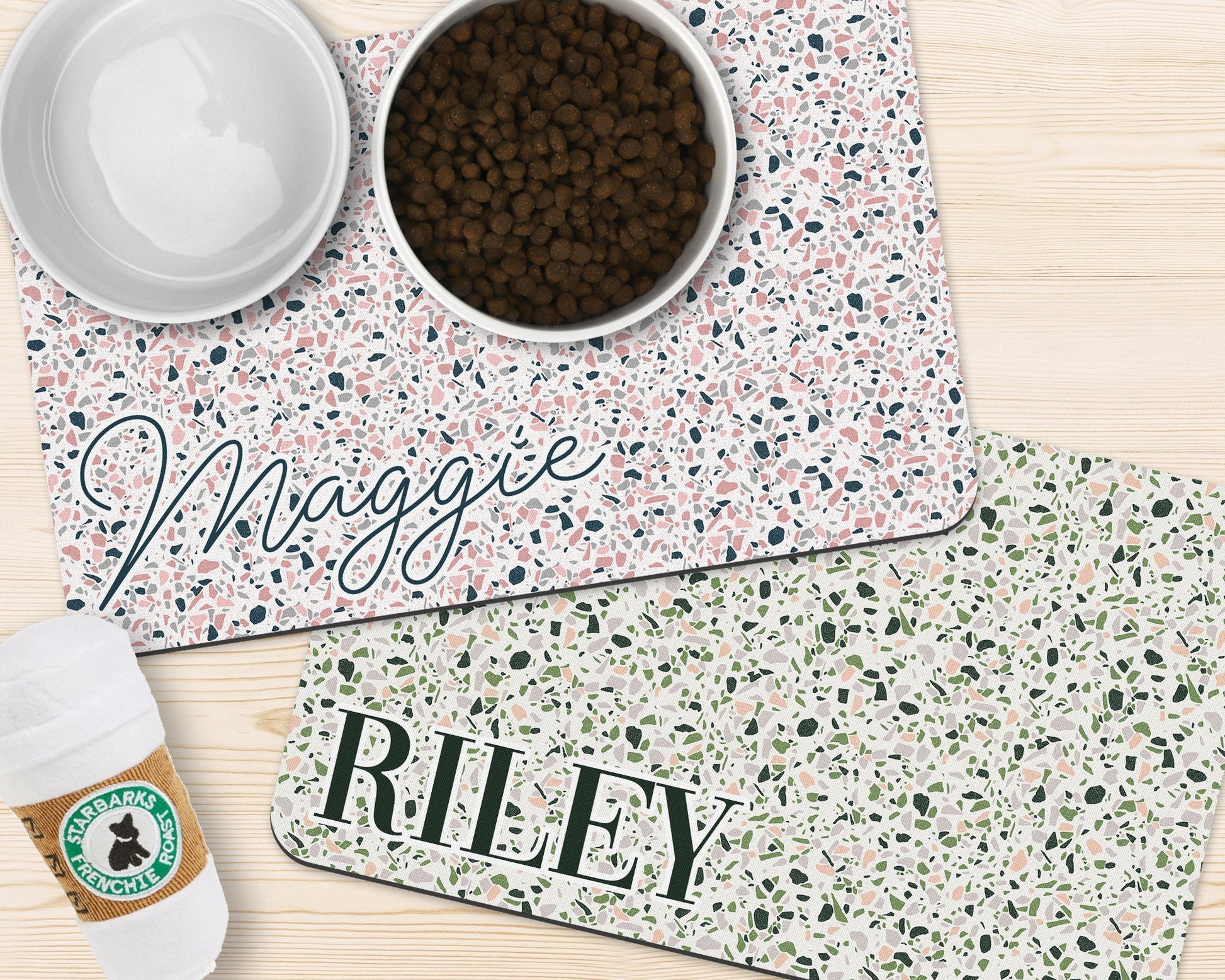 Boho Chic Terrazzo Pet Bowl Mats for Dogs and Cats Nonslip Bowl Mat Customized with Name Two Sizes Eclectic Modern Decor - Squishy Cheeks