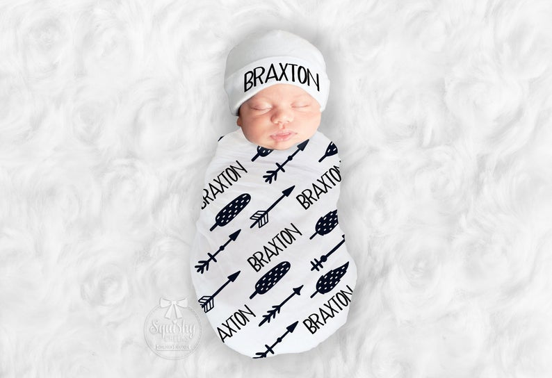 Personalized baby boy store swaddle and hat