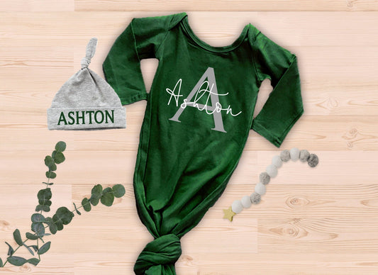Boy's Personalized Knotted Baby Gown Monogramed Hunter Green Gown with Knottedf Hat - Squishy Cheeks