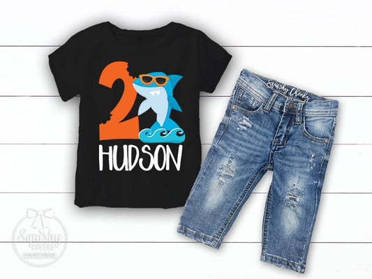 Boy's Personalized Shark Birthday Outfit - Squishy Cheeks