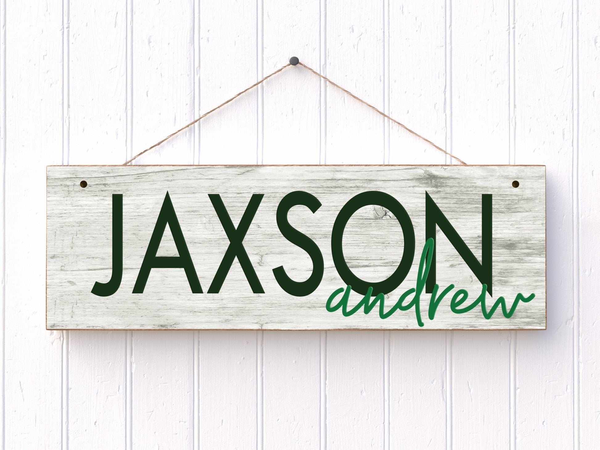 Boy's Rustic Faux Wood Nursery Sign Hanging Name Plaque 15"x6" - Squishy Cheeks