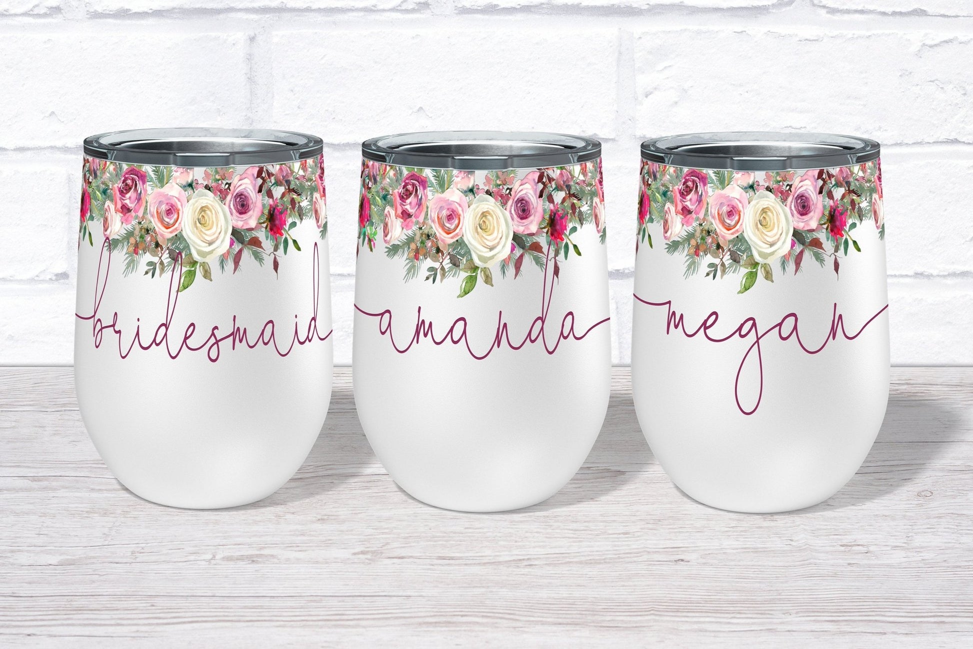 Personalized Bridesmaid Custom Name Floral Wine Glass – Squishy Cheeks